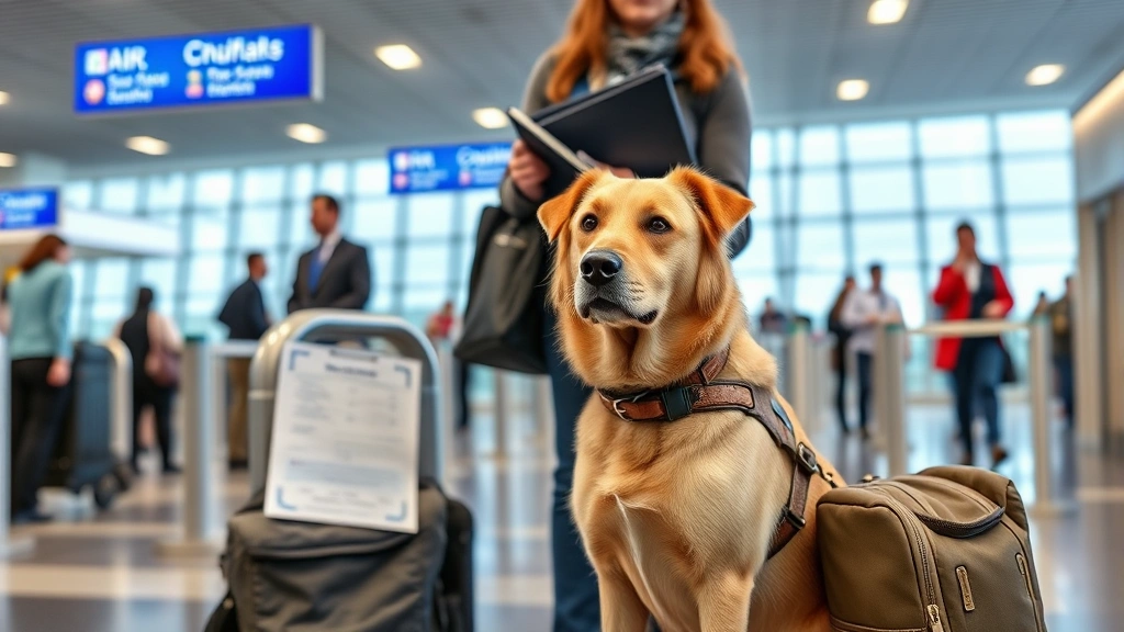 Traveler with service animal at airline gate, handler with documentation folder, service dog sitting calmly beside passenger,