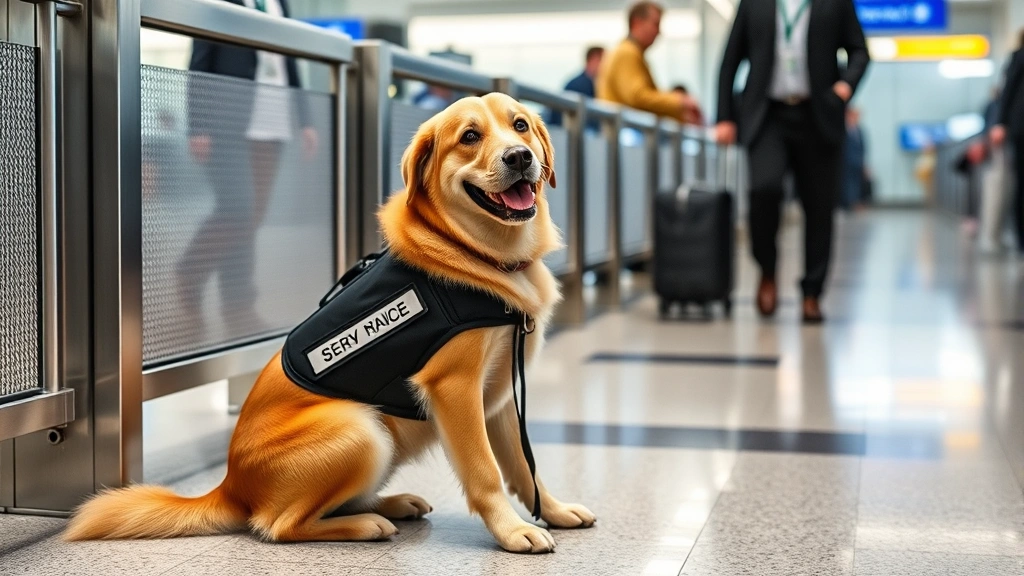 Service dog wearing vest sitting calmly at airport gate with handler, professional travel setting