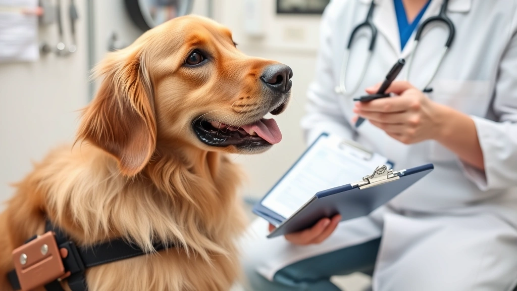 Veterinarian examining golden retriever service dog with vaccination records on clipboard in clinic