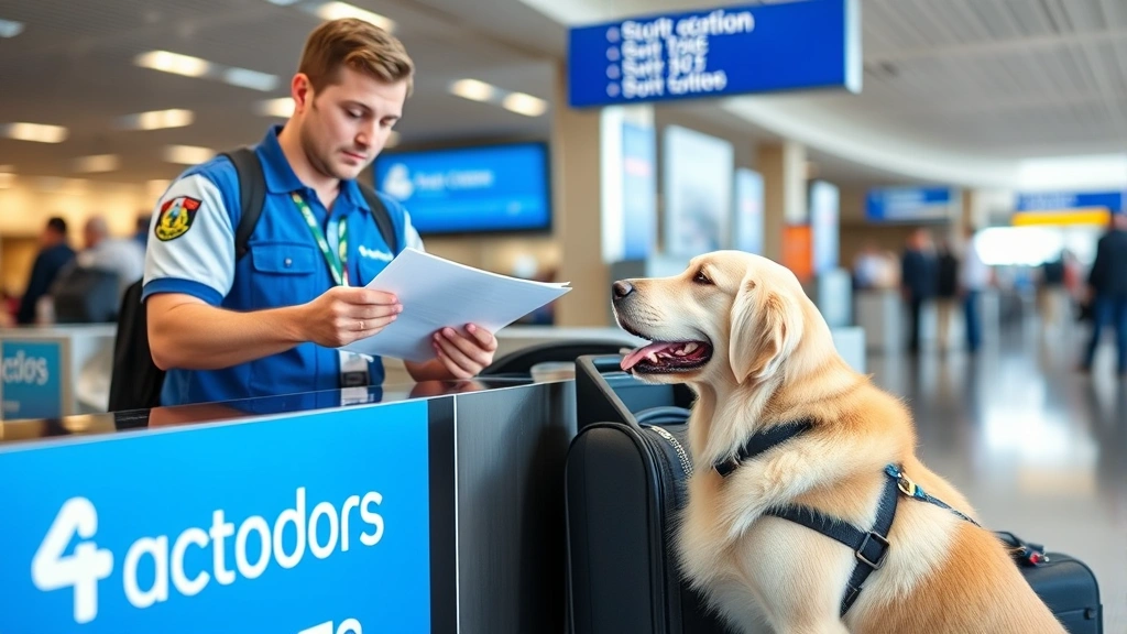 Service animal handler reviewing travel documents at airport check-in counter with service dog beside them