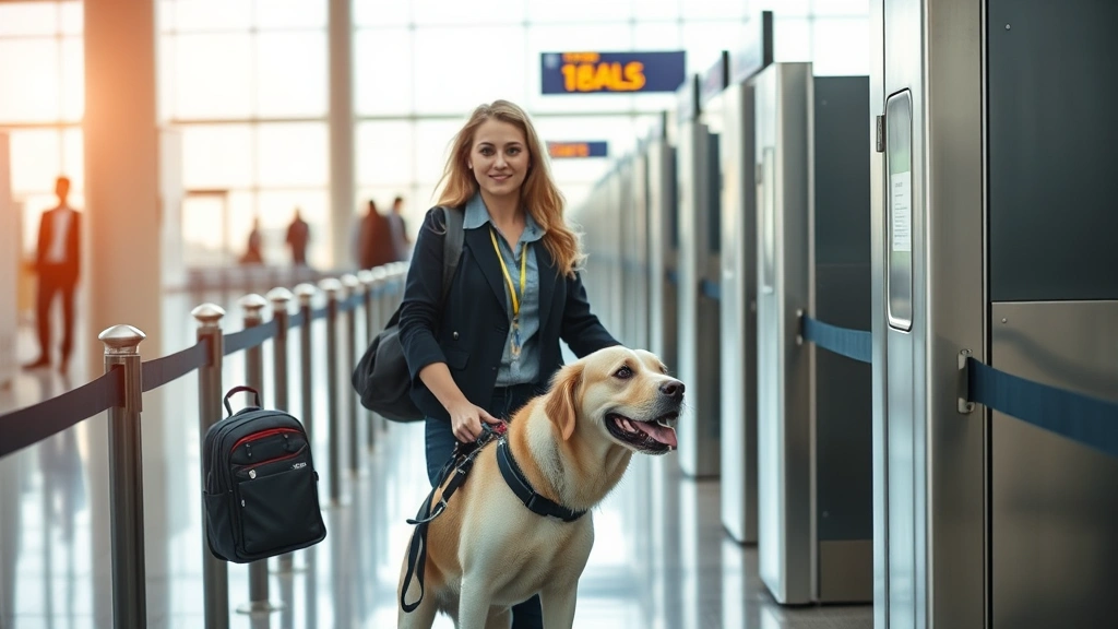 woman with guide dog passing through airport security checkpoint, professional and calm demeanor, natural lighting