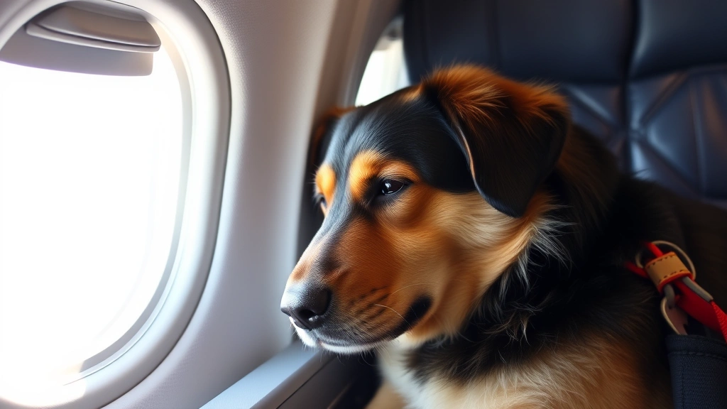 service dog resting peacefully in airplane cabin next to passenger window seat, calm and well-behaved