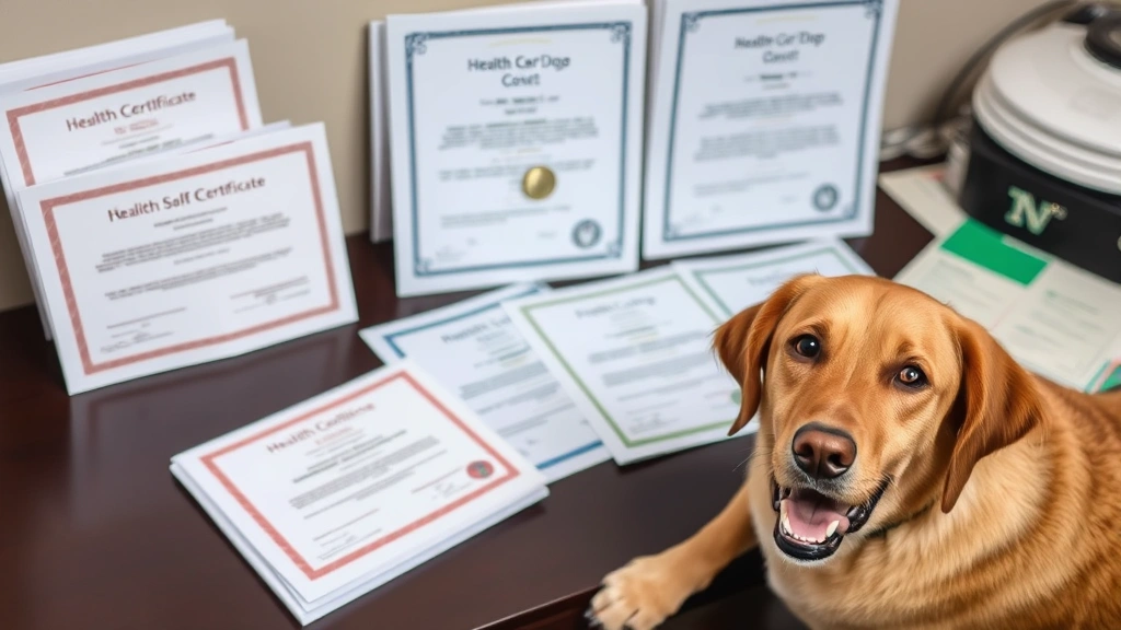 documentation papers and health certificates organized on desk with service dog photo and microchip registration visible
