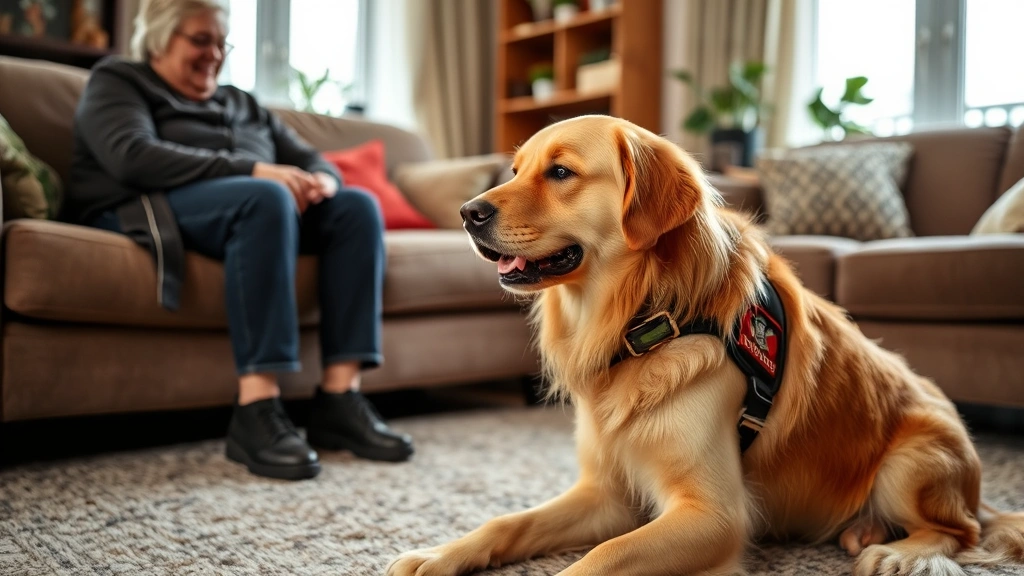 Service dog golden retriever alert behavior with disabled owner in apartment living room, both looking calm and connected