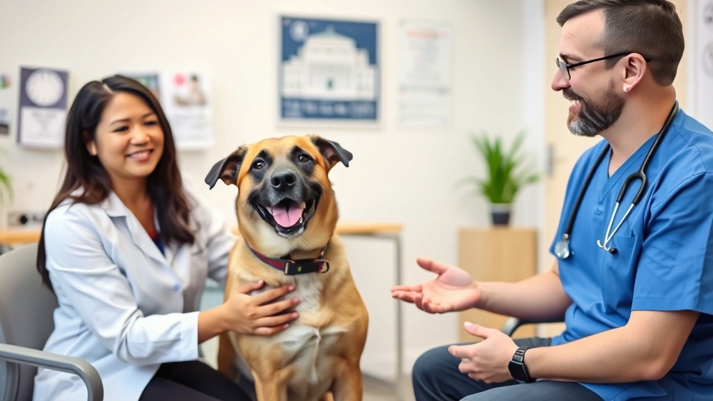 Licensed healthcare provider conducting consultation with patient holding trained service dog in professional medical office