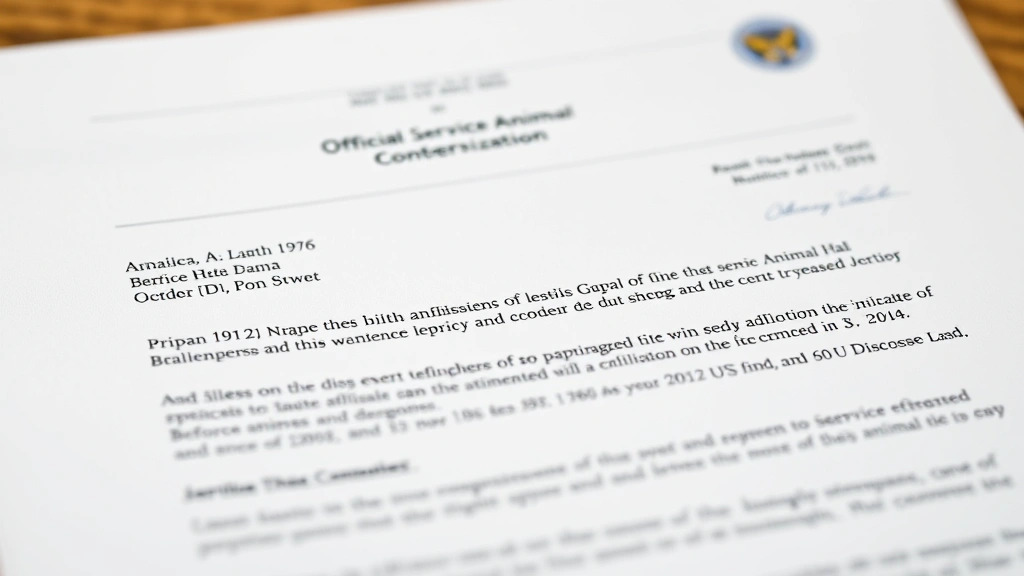 Close-up of official service animal letter on letterhead with doctor credentials and professional documentation displayed