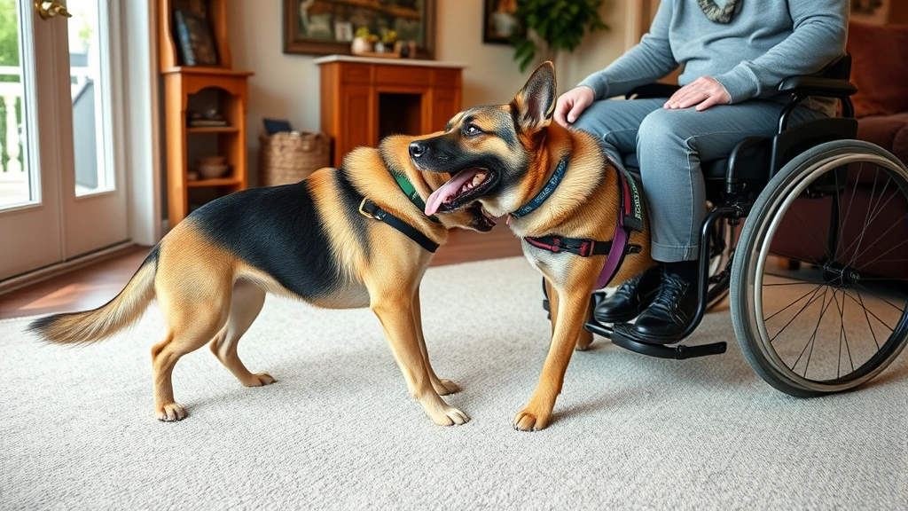 Service dog performing task assistance for person with mobility disability in accessible home environment
