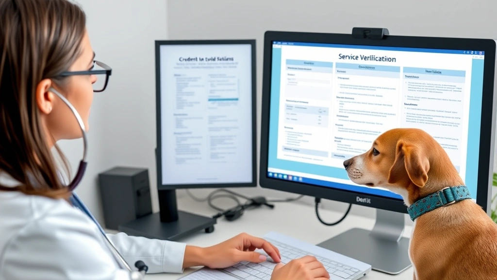 Professional healthcare provider with stethoscope reviewing medical documents on computer screen, representing credential verification and professional evaluation for service animals