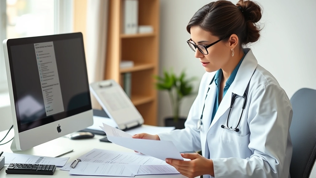 Healthcare professional in white coat reviewing documents at desk with computer, representing credential verification and professional documentation processes