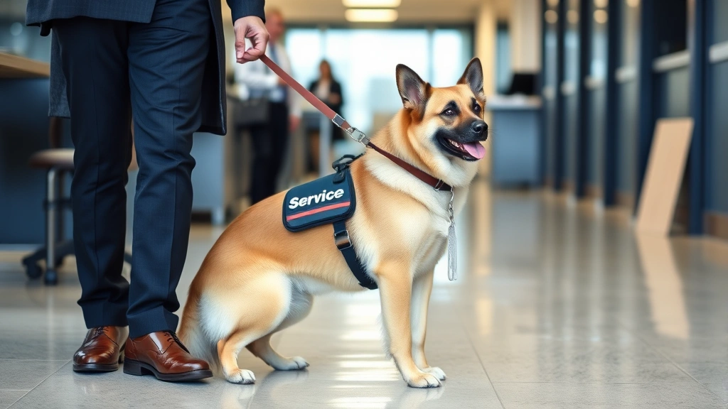 Person with service dog in professional workplace setting, demonstrating legitimate service animal integration in daily activities and work environment