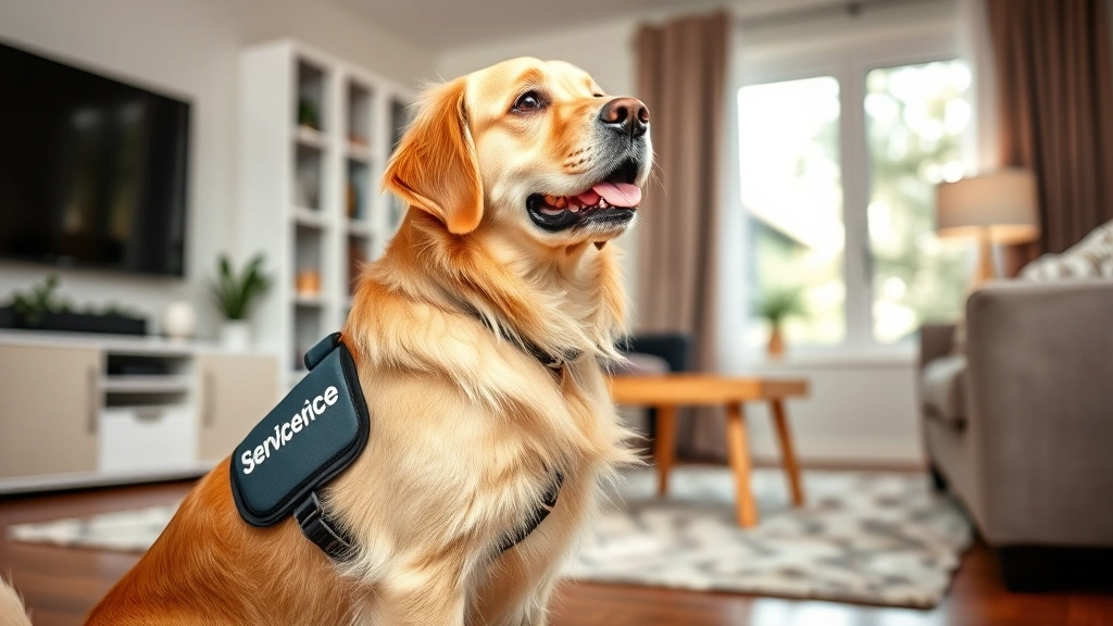 Service dog wearing vest in apartment living room, golden retriever alert and focused