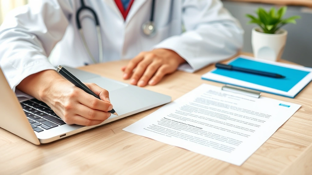 Healthcare provider writing documentation at desk with laptop and official letterhead