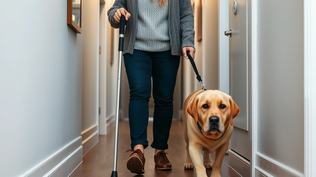 Person with mobility cane walking with yellow Labrador service dog in apartment hallway