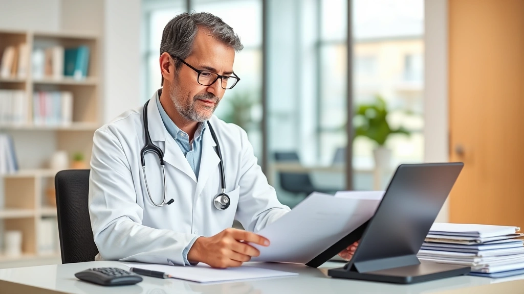 Professional healthcare provider in white coat reviewing medical documents at desk, compassionate expression, modern clinic o