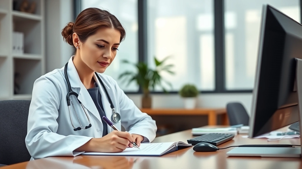 Professional female doctor in white coat writing medical documentation at desk with stethoscope and computer, warm office lig
