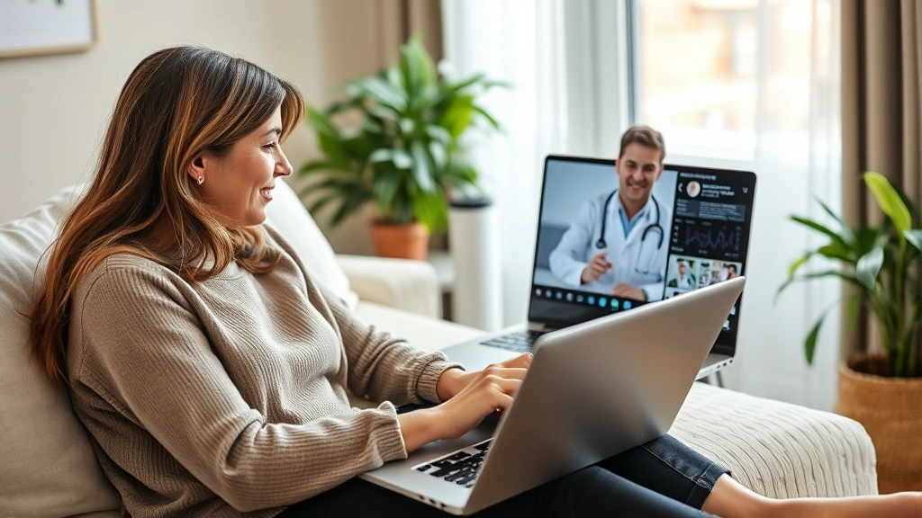 Woman on video call with doctor on laptop, sitting at home with medical records visible, comfortable recovery environment, na
