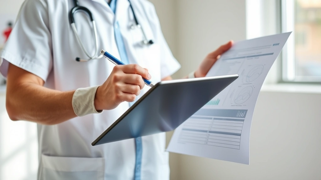 Male healthcare provider reviewing patient chart with tablet and pen, discussing medical findings in clinical setting with na