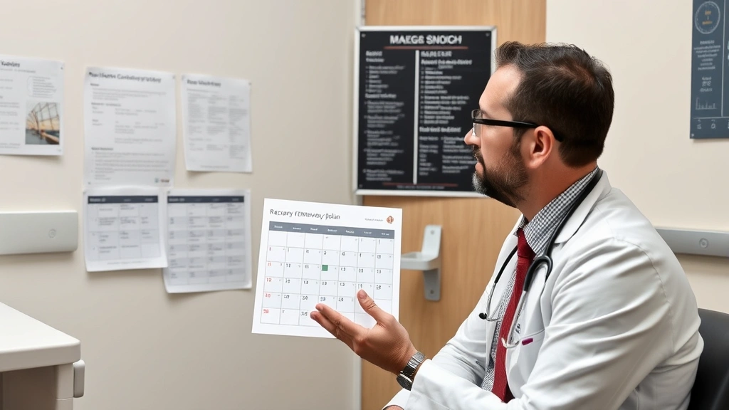 Man receiving medical consultation, doctor explaining recovery plan with calendar, supportive healthcare interaction, clinica