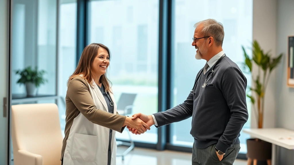 Patient in medical office shaking hands with doctor after appointment, both smiling, modern healthcare clinic interior with w