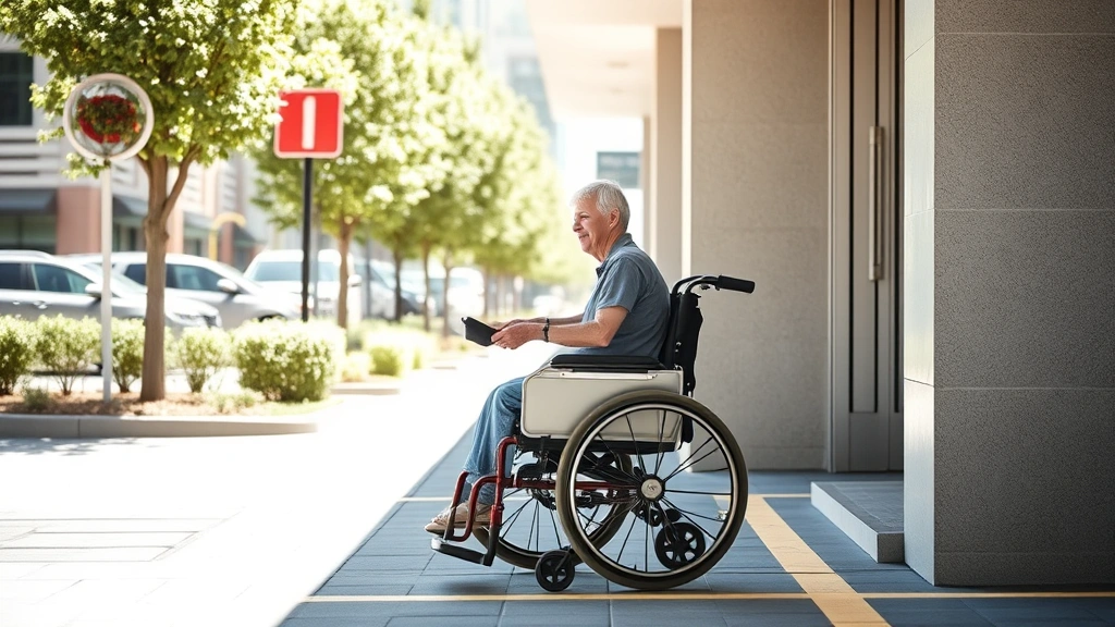 Mature woman in wheelchair transferring to accessible parking space near building entrance, bright daylight, urban setting, r
