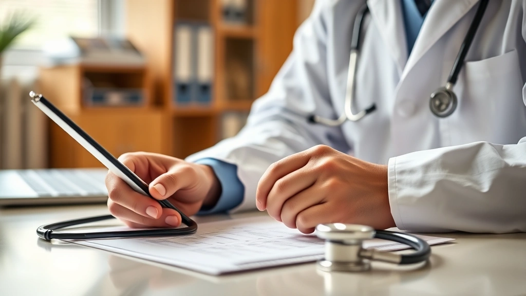 Close-up of doctor reviewing medical documents at desk with stethoscope, hands holding clipboard, professional office environ