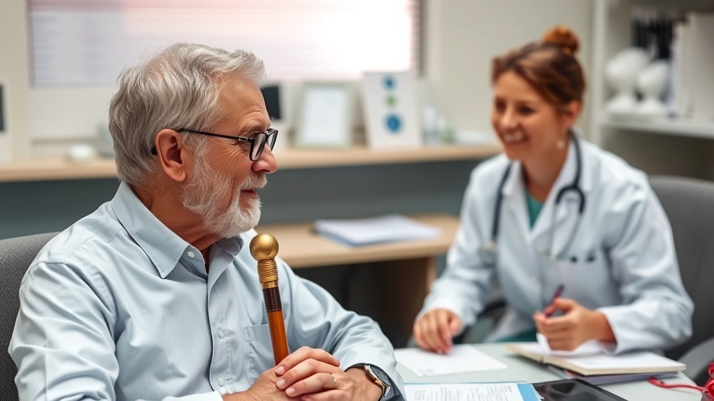 Senior man with cane speaking with healthcare provider in medical office, both seated, friendly consultation, documentation v