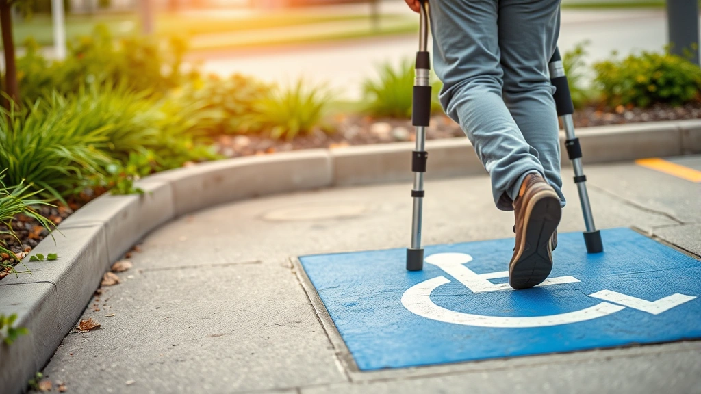 Person using crutches walking toward accessible parking space, close-up of blue wheelchair symbol on pavement