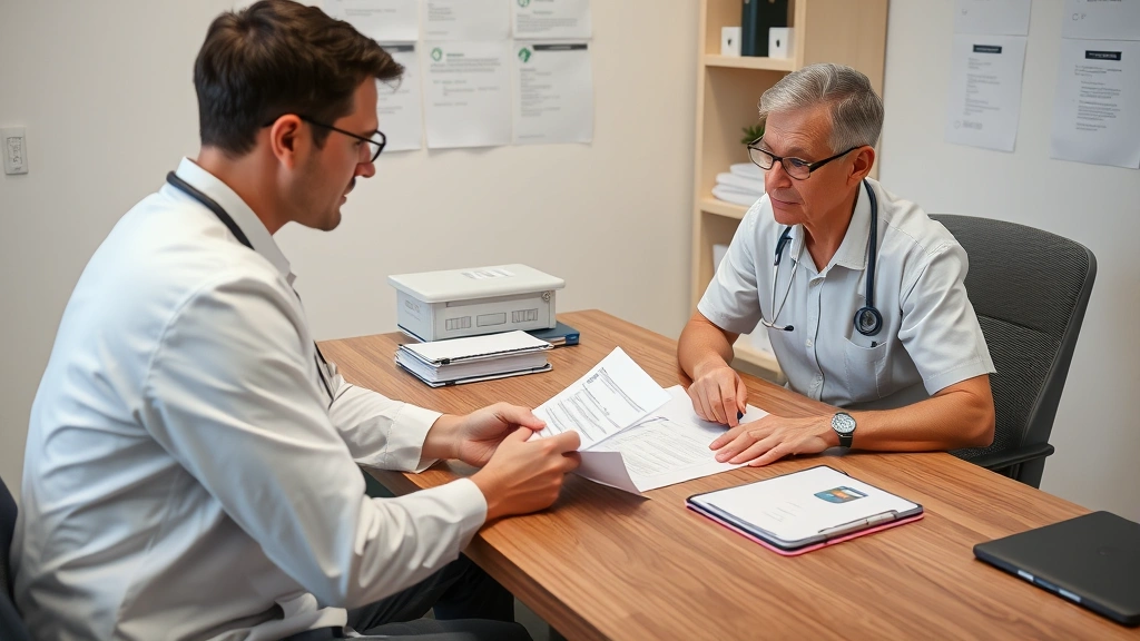 Healthcare provider at desk reviewing medical documents with patient sitting across, focused on paperwork and discussion