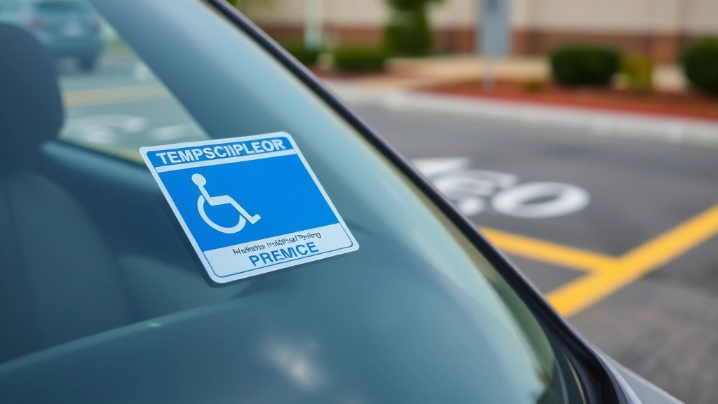 Temporary handicap parking permit displayed in car windshield with accessible parking space in background