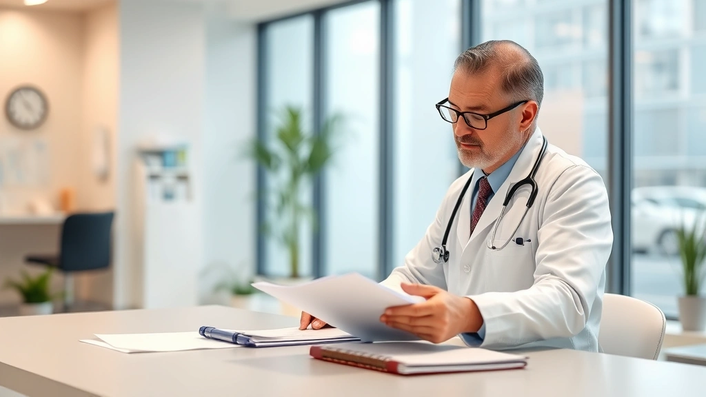 Doctor in white coat reviewing medical documents at desk in bright clinic office