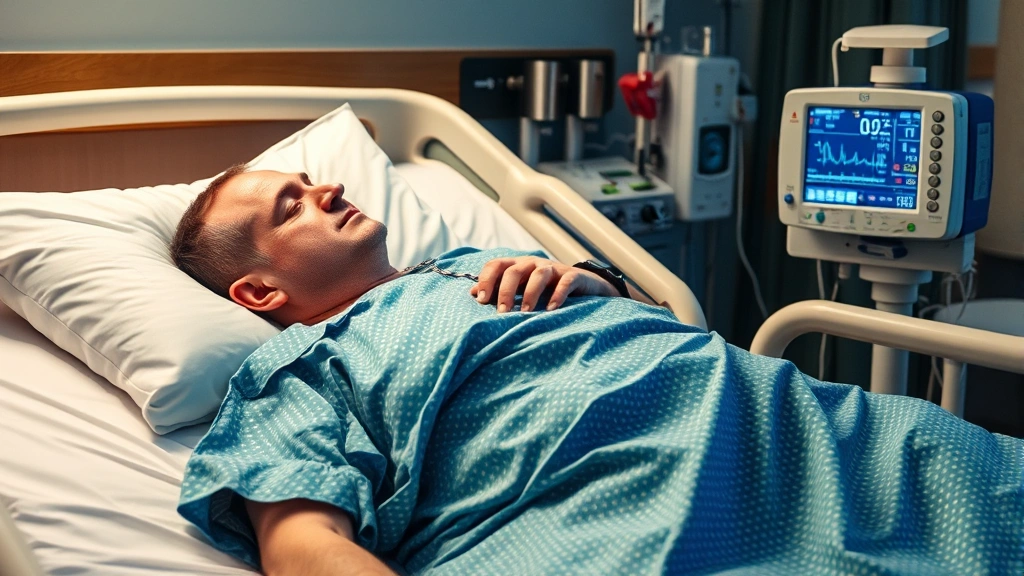 Patient in recovery gown resting in hospital bed with medical monitor visible