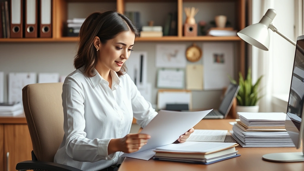 Professional woman at home office desk organizing documents and correspondence