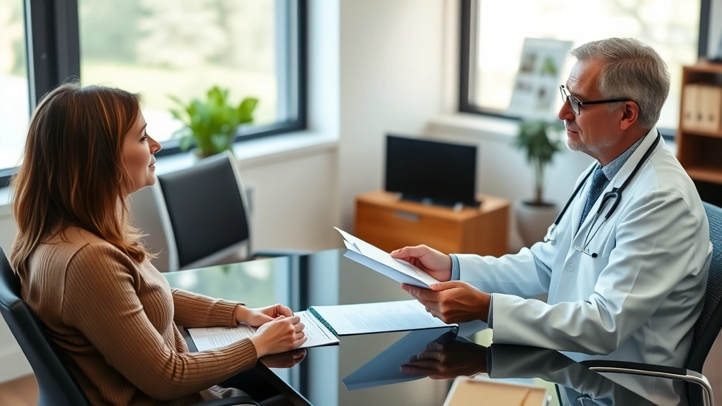 Healthcare provider in white coat reviewing medical documents at desk with patient sitting across, professional office settin