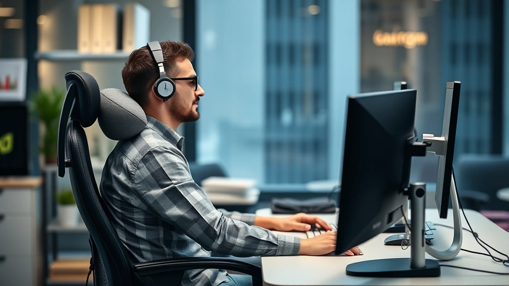 Employee at computer workstation with ergonomic setup, sitting at desk with proper posture, back support pillow visible, comf