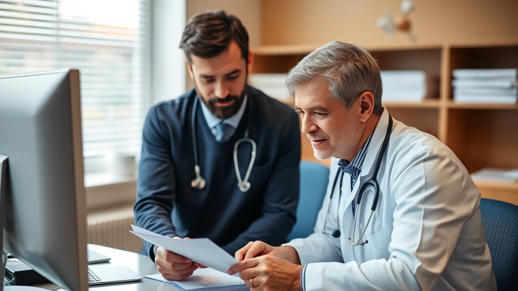 Doctor and patient discussing medical chart during consultation, both looking at document on desk, warm clinical setting, pro
