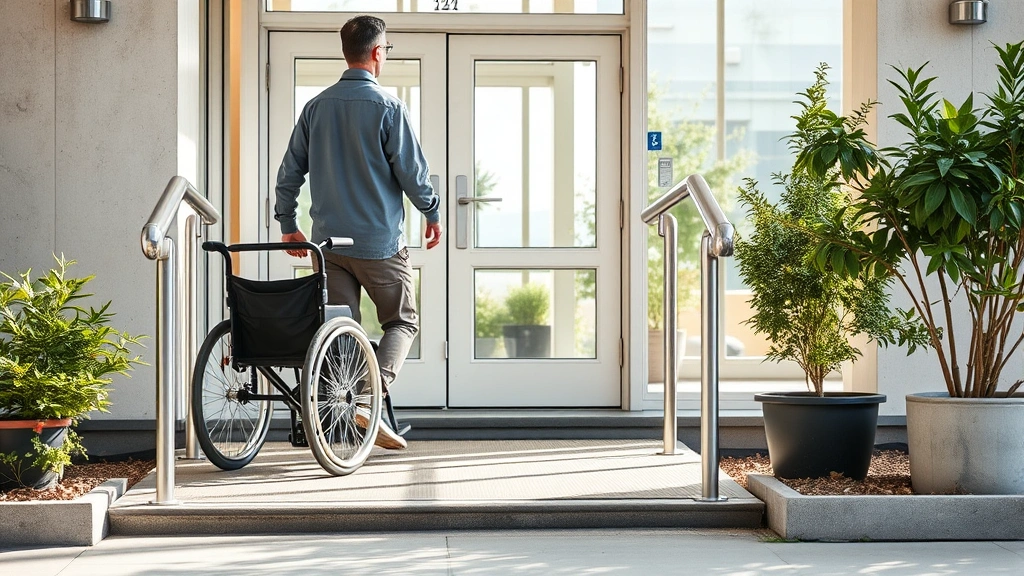 Person in wheelchair accessing accessible apartment entrance with ramp and handrails modern building bright natural light