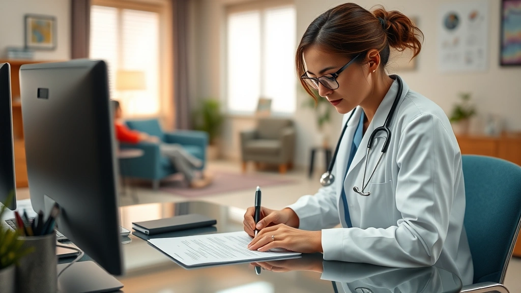 Healthcare provider writing medical documentation at desk professional office setting patient consultation room warm lighting