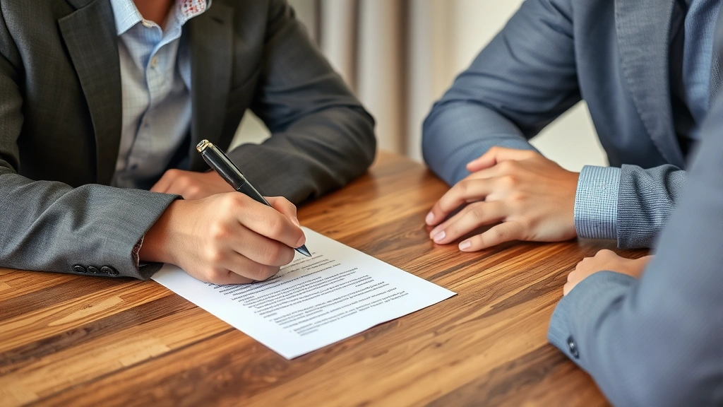 Tenant signing housing agreement at table with landlord and accommodation letter documentation visible peaceful interaction