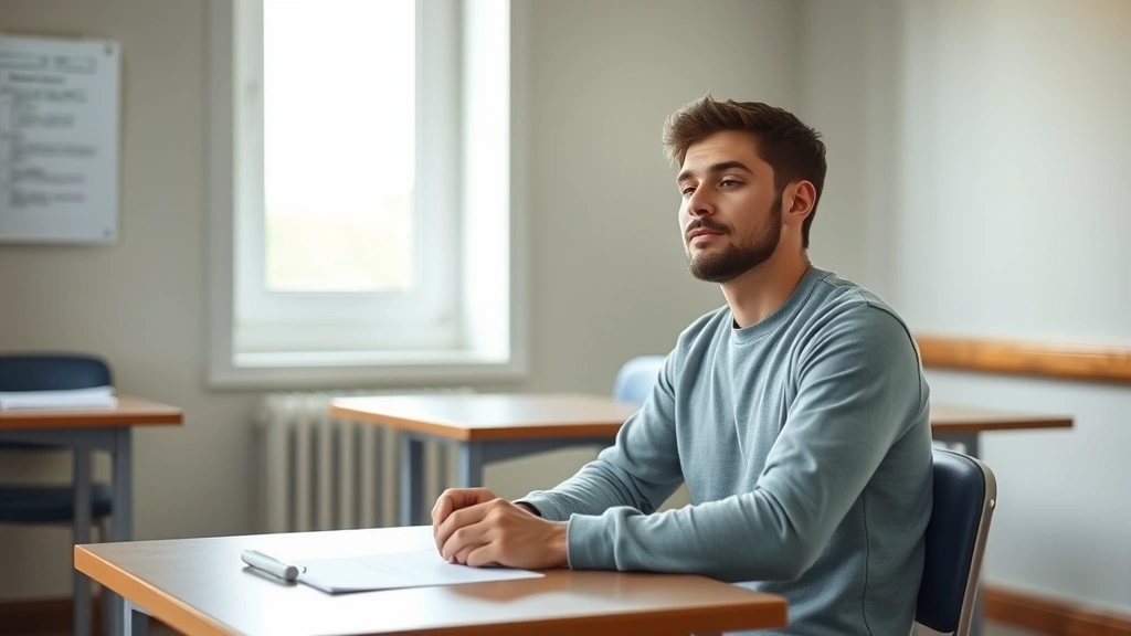 Person in quiet testing room sitting calmly at desk with exam paper, peaceful focused expression, natural lighting through wi