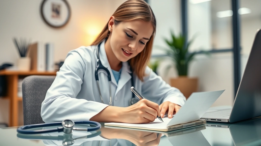 Healthcare provider writing medical letter at desk with stethoscope visible, professional office setting, warm lighting, comp