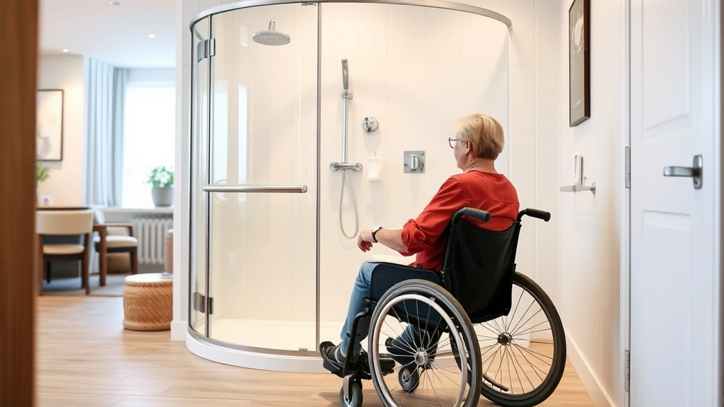 Person in wheelchair accessing an accessible bathroom with grab bars and roll-in shower in a modern apartment