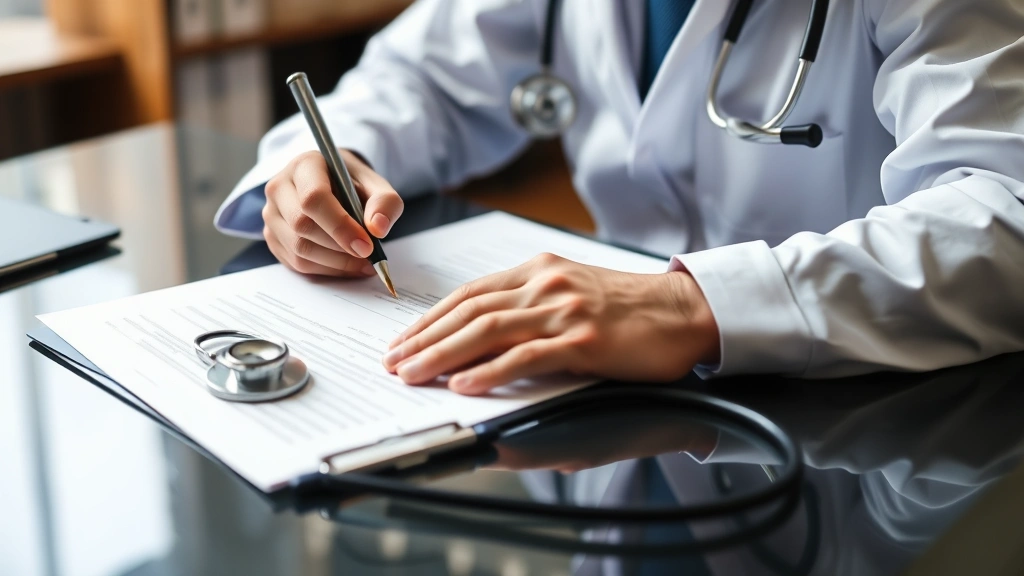 Healthcare provider sitting at desk writing a medical letter with stethoscope and patient file visible