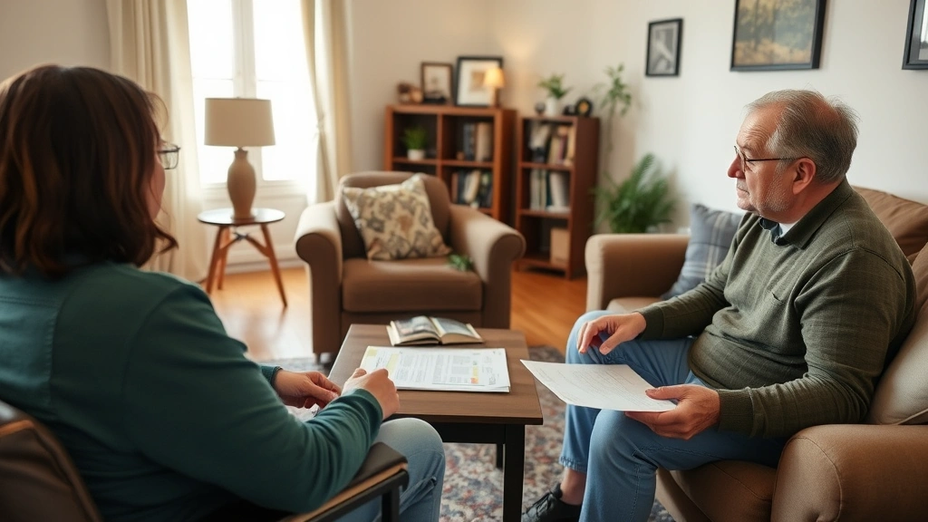 Tenant meeting with landlord in living room discussing accessible housing modifications and reviewing documents