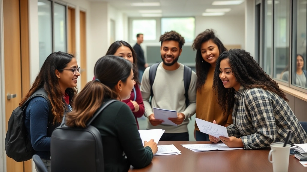 Diverse group of students in university disability services office receiving guidance on accommodation verification process a
