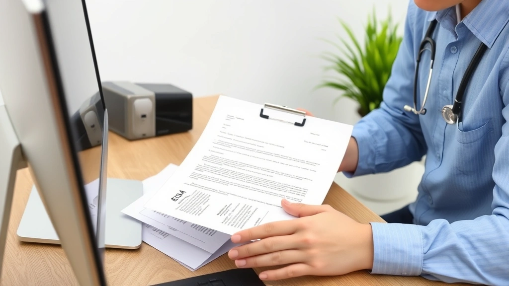 Professional reviewing medical documentation and ESA letter at desk with computer