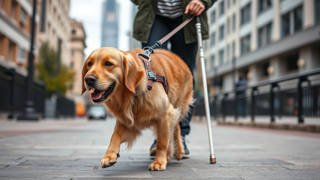 Golden retriever guide dog wearing harness walking alongside person with white cane in urban setting, both focused and calm