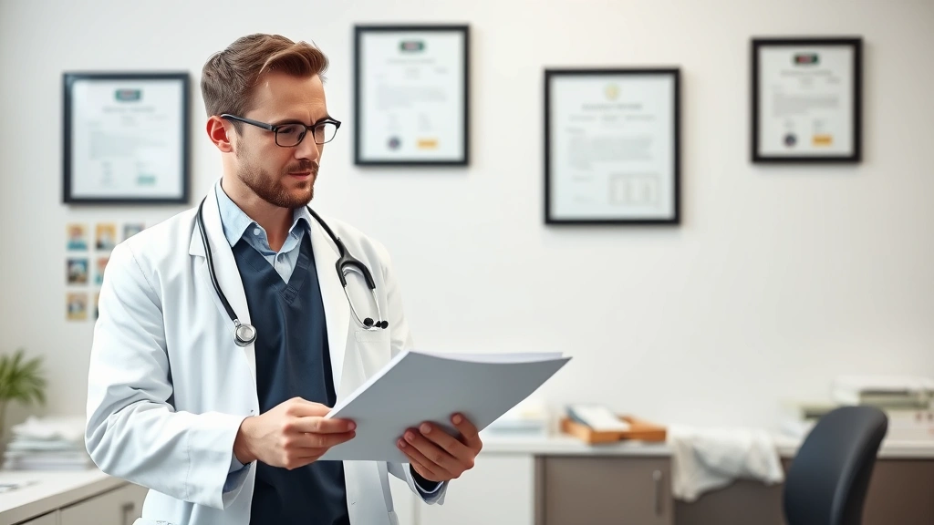 Professional healthcare provider in white coat reviewing medical documents in clinical office setting with diplomas on wall