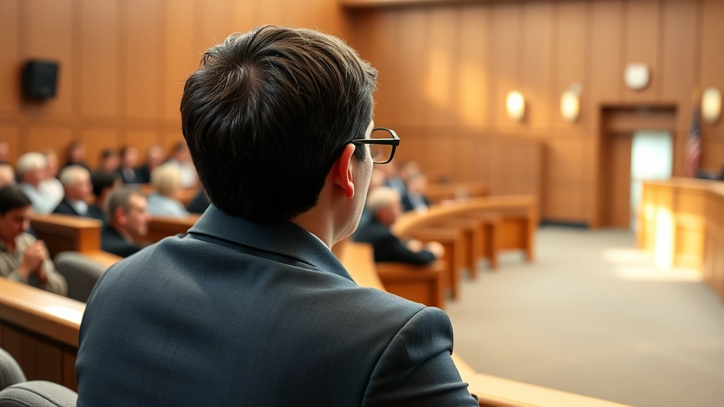 Person sitting in courthouse gallery observing proceedings from distance, natural courtroom lighting and formal seating
