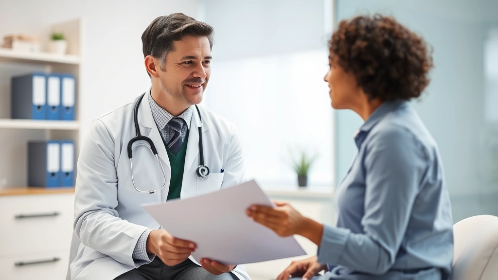Doctor and patient having consultation discussion in medical office with patient holding documentation folder