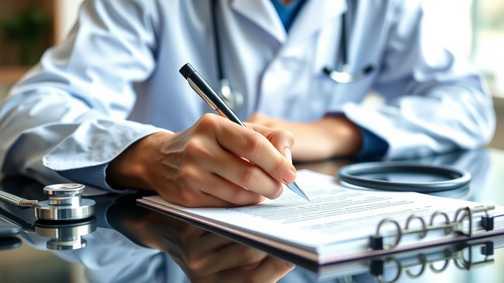 Healthcare provider writing medical documentation letter at desk with stethoscope and patient file visible in background